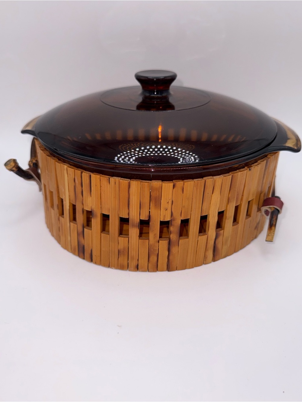 Fire King Amber Glass Casserole with Bamboo Carrier
